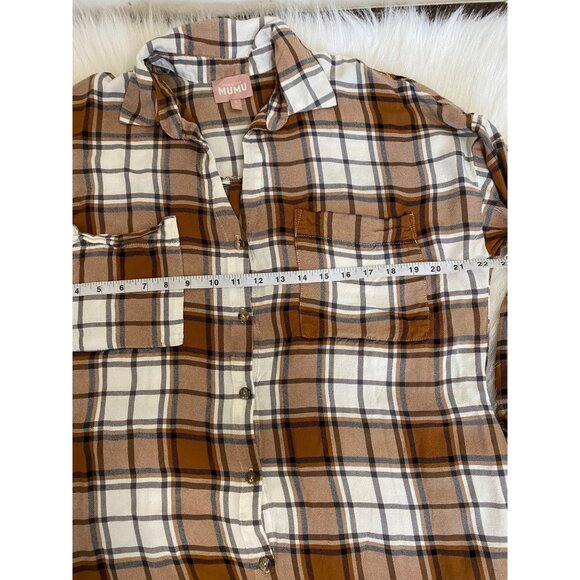 Show Me Your Mumu Leo Button Down Long Tunic Dress Size Small Tan/Blue Plaid - Picture 8 of 13